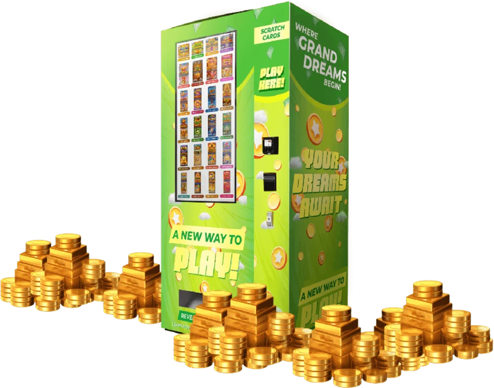 Scratch Cards vending machine with a stack of gold coins