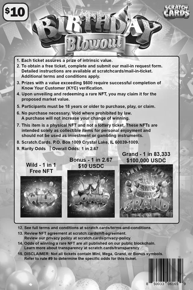 Birthday Blowout ticket, back with rules and odds