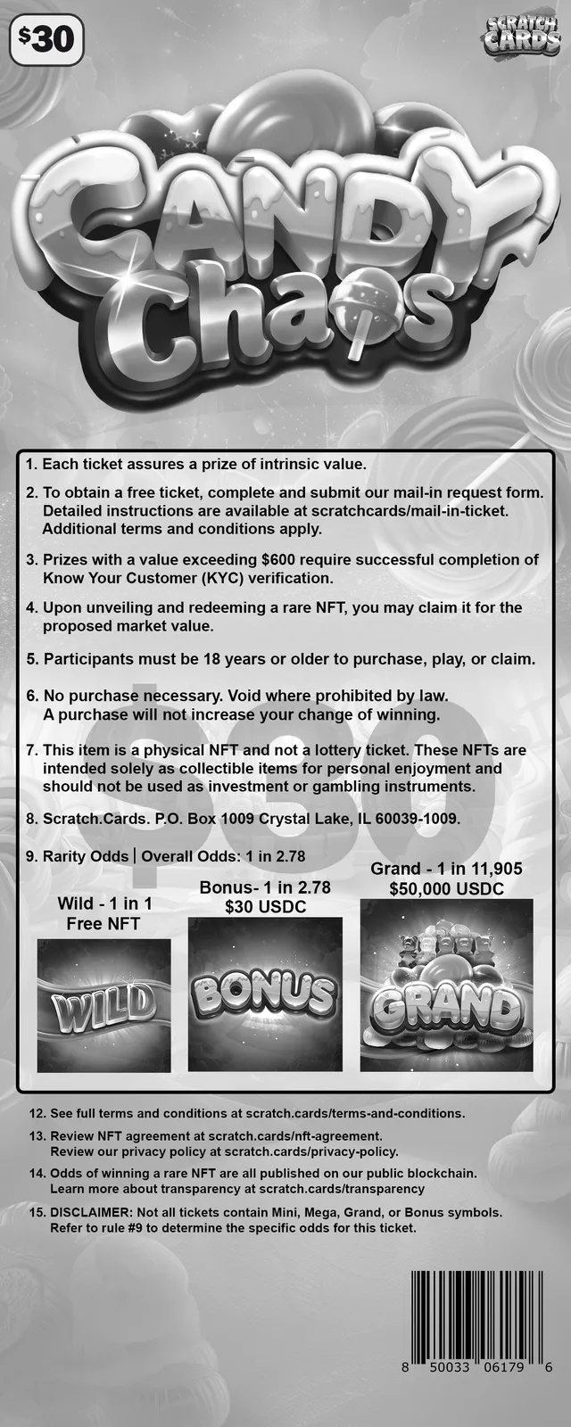 Candy Chaos ticket, back with rules and odds
