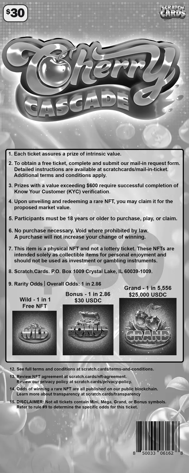 Cherry Cascade ticket, back with rules and odds
