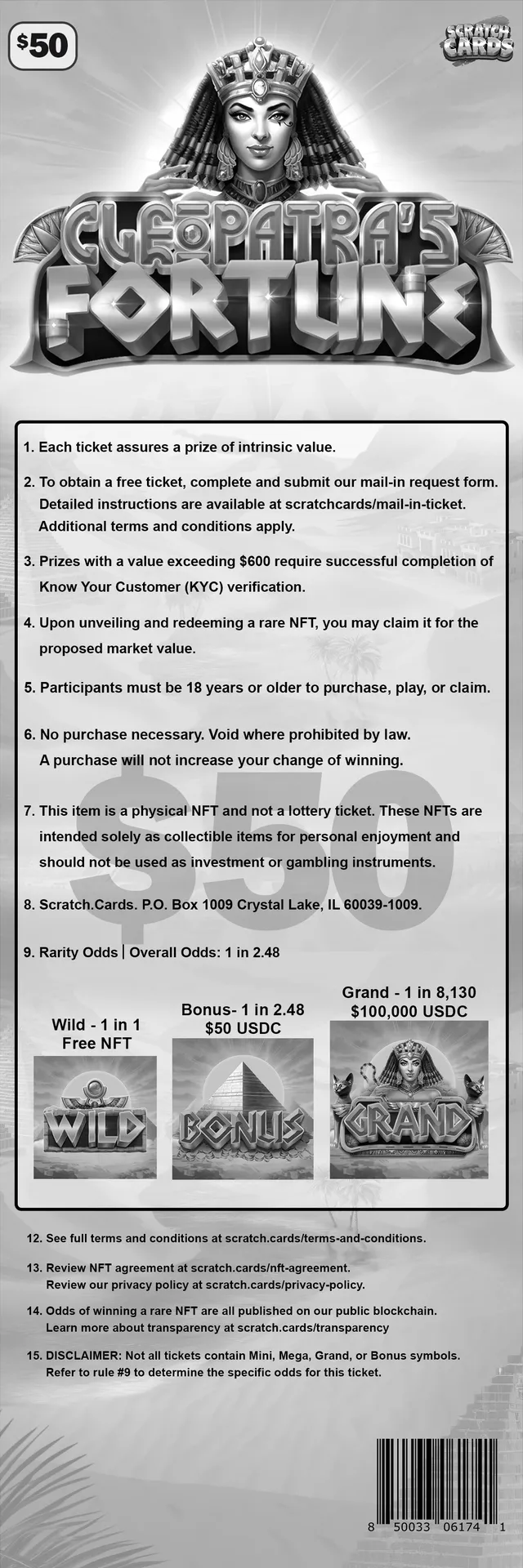 Cleopatra's Fortune ticket, back with rules and odds