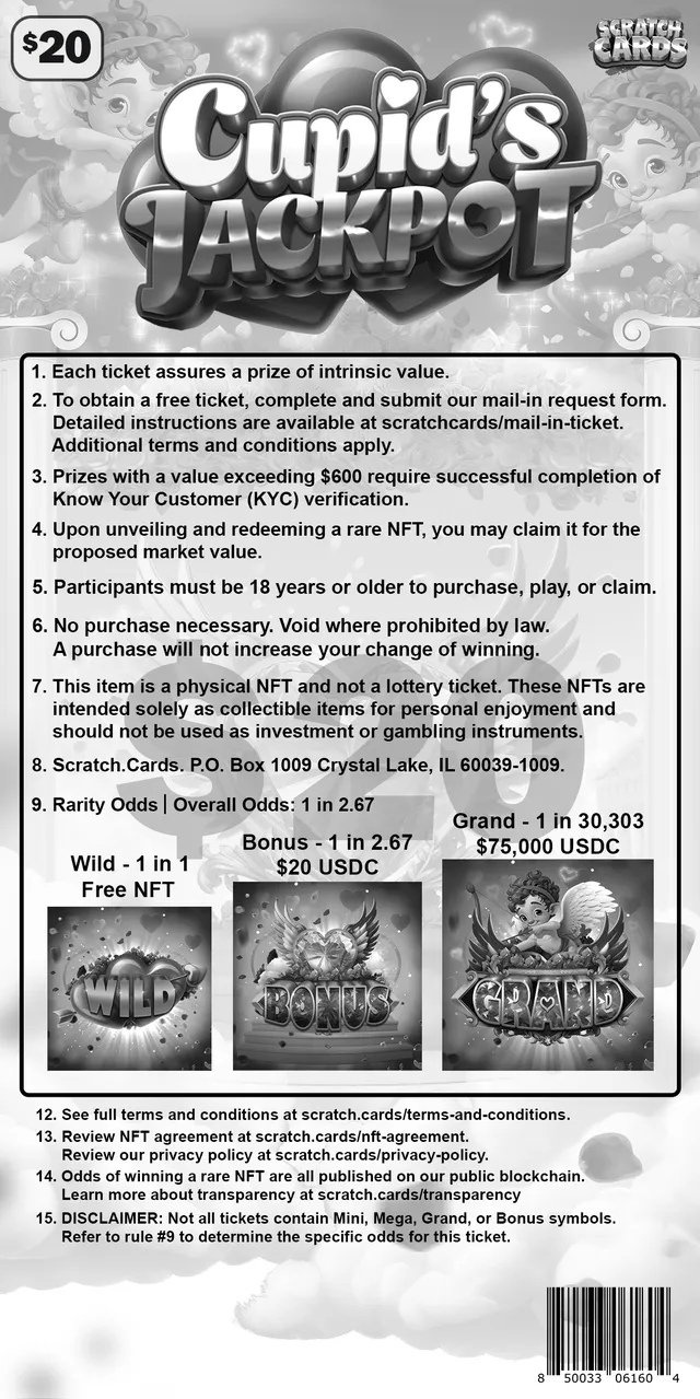 Cupid's Jackpot ticket, back with rules and odds