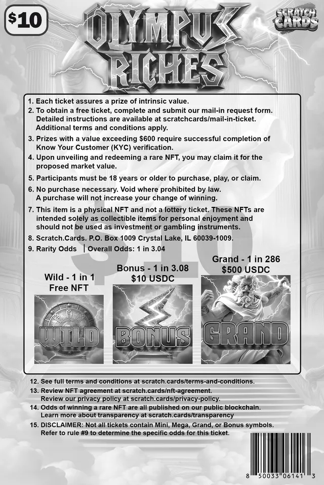 Olympus Riches ticket, back with rules and odds
