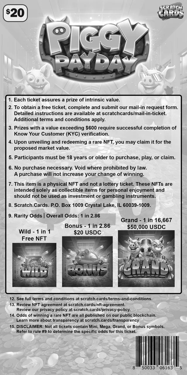 Piggy Payday ticket, back with rules and odds