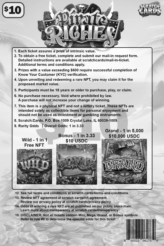 Pirate Riches ticket, back with rules and odds