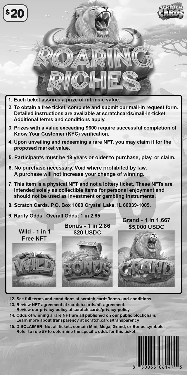 Roaring Riches ticket, back with rules and odds