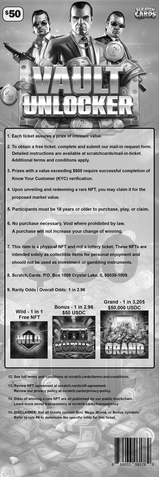 Vault Unlocker ticket, back with rules and odds